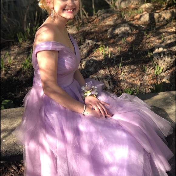 Lavender, off the shoulder dress with a lace-up back & tiered tulle. Worn once. - Picture 4 of 8